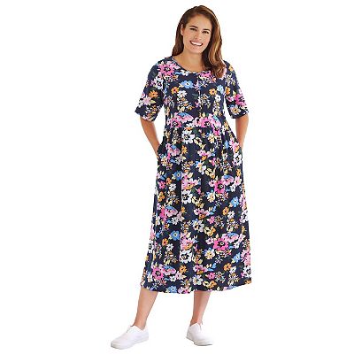 woman within dress Women's Comfortable & Casual Plus Size Dresses Side seam pockets add a practical touch for everyday essentials Woman Within Button-Front Elbow-Sleeve Knit