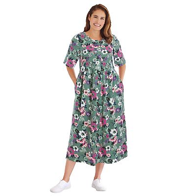 Plus Size Women's Button-Front Elbow-Sleeve Knit Dress by Woman Within in Navy Multi Garden (Size L)