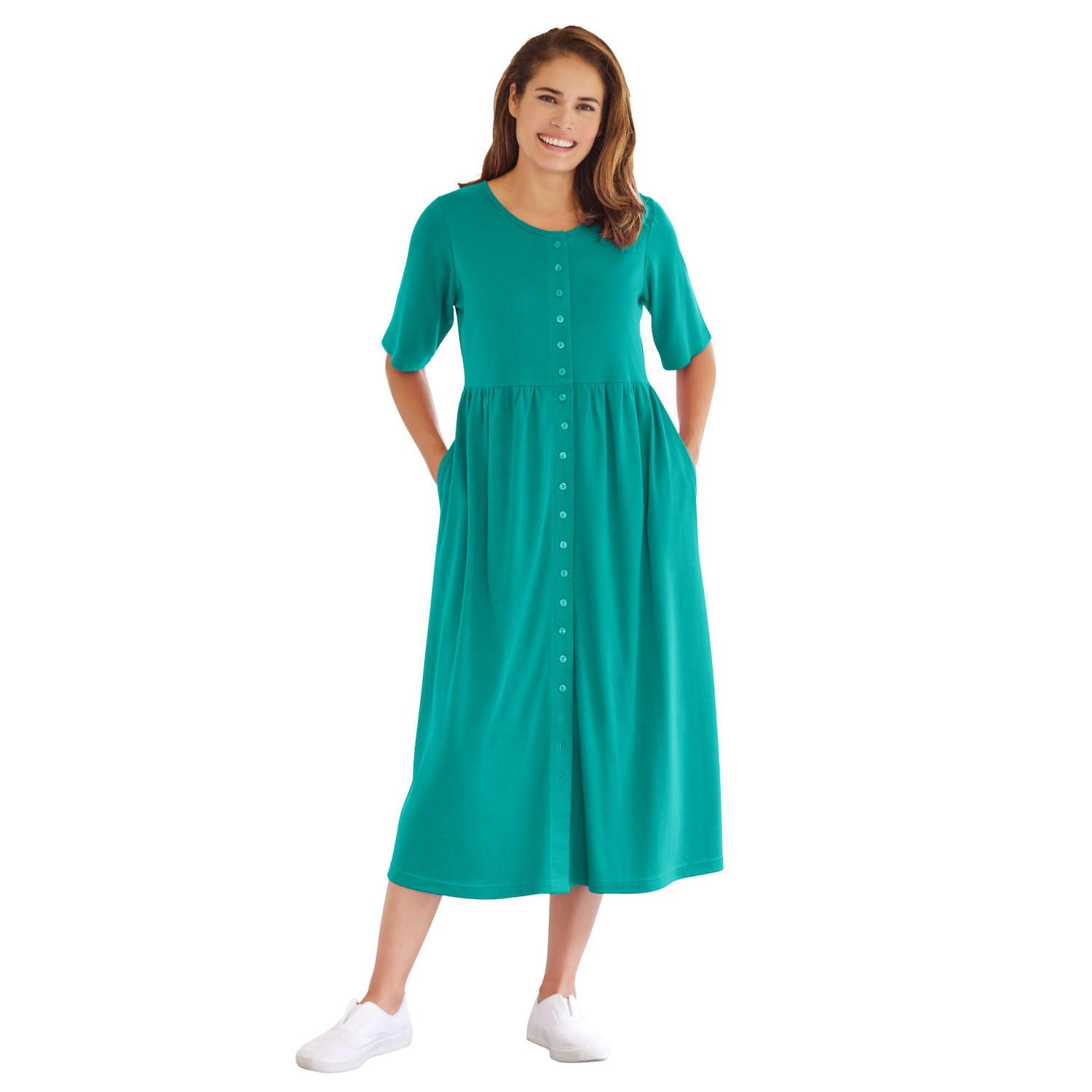 Женские платья Woman Within Plus Size Button-Front Elbow-Sleeve Knit Dress