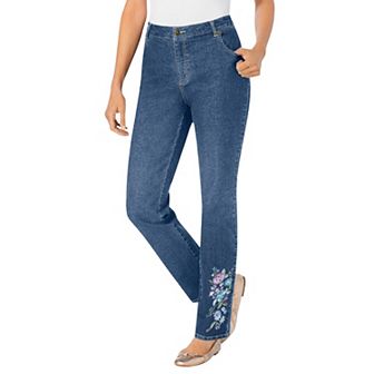 Woman Within Plus Size Straight-Leg Stretch Denim Five-Pocket Jeans