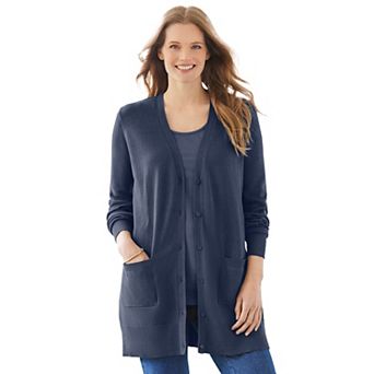 Woman Within Plus Size Perfect Longer-Length Cotton Cardigan