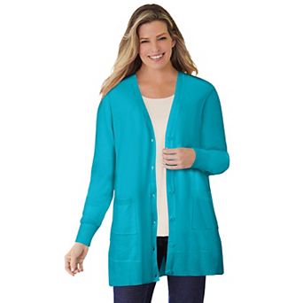 Woman Within Plus Size Perfect Longer-Length Cotton Cardigan Sweater