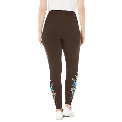 Woman Within Plus Size Stretch-Cotton Knit Pull-On Embroidered Leggings
