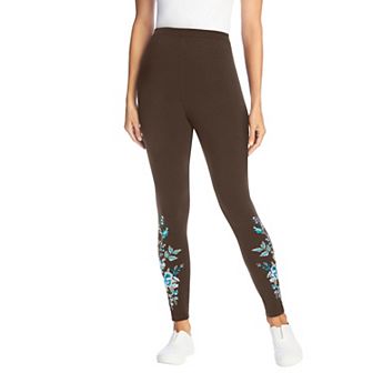 Woman Within Plus Size Stretch-Cotton Knit Pull-On Embroidered Leggings