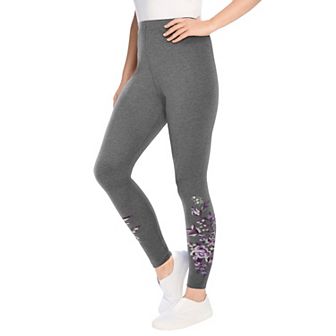 Woman Within Plus Size Stretch-Cotton Knit Pull-On Embroidered Leggings