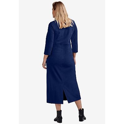 ellos Plus Size Cotton Spandex Crew Neck 3/4 Sleeve Maxi Dress