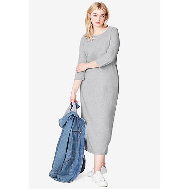 ellos Plus Size Cotton Spandex Crew Neck 3/4 Sleeve Maxi Dress