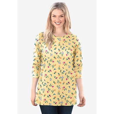 Woman Within Plus Size Perfect Printed Long-Sleeve Crewneck Tee