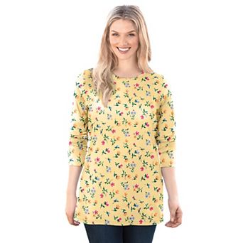 Woman Within Plus Size Perfect Printed Long-Sleeve Crewneck Tee