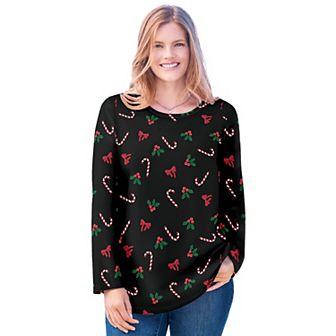 Woman Within Plus Size Perfect Printed Long-Sleeve Crewneck Tee