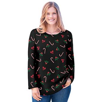 Woman Within Plus Size Perfect Printed Long-Sleeve Crewneck Tee