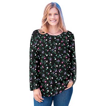 Woman Within Plus Size Perfect Printed Long-Sleeve Crewneck Tee