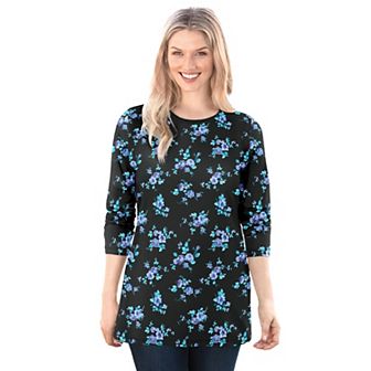 Woman Within Plus Size Perfect Printed Long-Sleeve Crewneck Tee