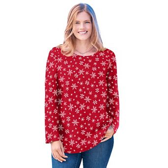 Woman Within Plus Size Perfect Printed Long-Sleeve Crewneck Tee