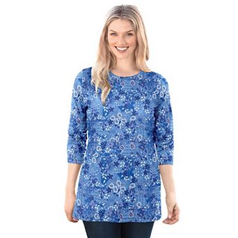 Woman Within Plus Size Perfect Printed Long-Sleeve Crewneck Tee