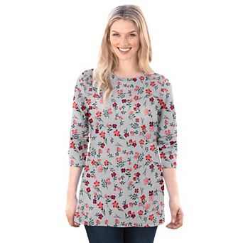 Woman Within Plus Size Perfect Printed Long-Sleeve Crewneck Tee