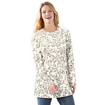 Woman Within Plus Size Perfect Printed Long-Sleeve Crewneck Tee