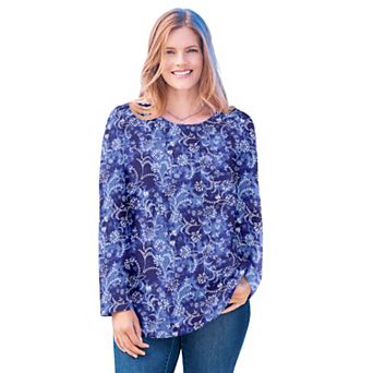 Woman Within Plus Size Perfect Printed Long-Sleeve Crewneck Tee
