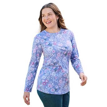 Woman Within Plus Size Perfect Printed Long-Sleeve Crewneck Tee