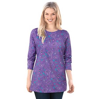 Woman Within Plus Size Perfect Printed Long-Sleeve Crewneck Tee