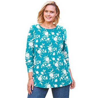 Woman Within Plus Size Perfect Printed Long-Sleeve Crewneck Tee