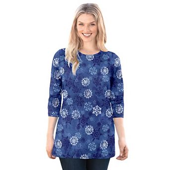 Woman Within Plus Size Perfect Printed Long-Sleeve Crewneck Tee