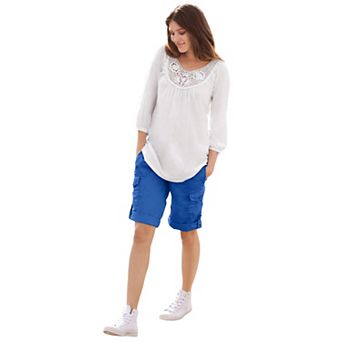 Ellos Plus Size 2 in 1 Mid-Rise Stretch Cotton Convertible Cargo Bermuda To Shorts