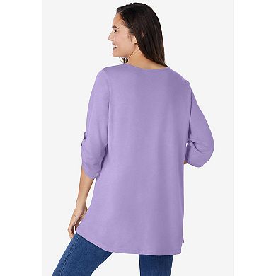 Woman Within Plus Size 7-Day Three-Quarter Sleeve Pintucked Henley Tunic