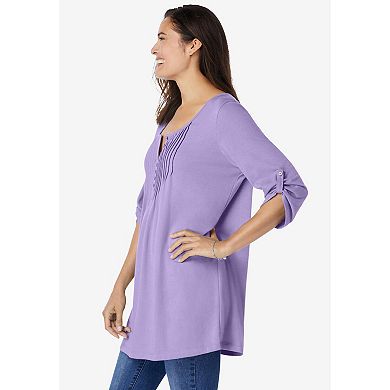 Woman Within Plus Size 7-Day Three-Quarter Sleeve Pintucked Henley Tunic
