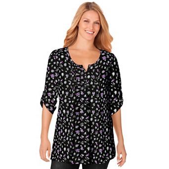 Woman Within Plus Size 7-Day Three-Quarter Sleeve Pintucked Henley Tunic