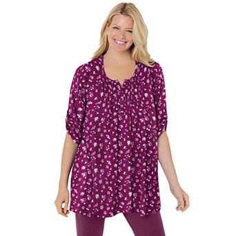 Woman Within Plus Size 7-Day Three-Quarter Sleeve Pintucked Henley Tunic