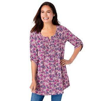 Woman Within Plus Size 7-Day Three-Quarter Sleeve Pintucked Henley Tunic