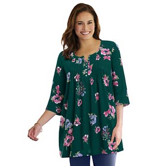 Woman Within Plus Size 7-Day Three-Quarter Sleeve Pintucked Henley Tunic
