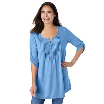 Woman Within Plus Size 7-Day Three-Quarter Sleeve Pintucked Henley Tunic
