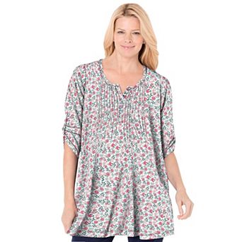 Woman Within Plus Size 7-Day Three-Quarter Sleeve Pintucked Henley Tunic