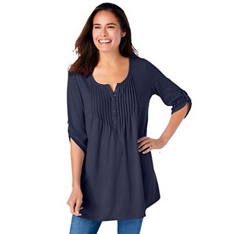 Woman Within Plus Size 7-Day Three-Quarter Sleeve Pintucked Henley Tunic