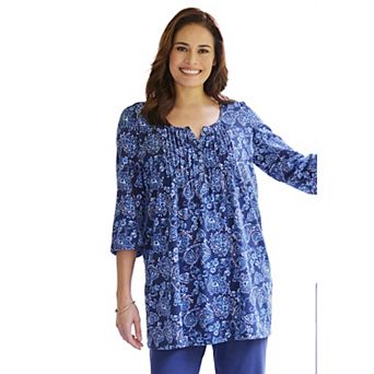 Woman Within Plus Size 7-Day Three-Quarter Sleeve Pintucked Henley Tunic