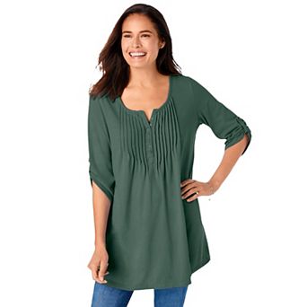 Woman Within Plus Size 7-Day Three-Quarter Sleeve Pintucked Henley Tunic