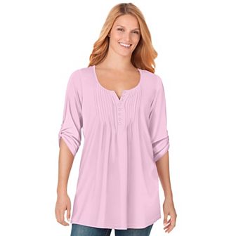 Woman Within Plus Size 7-Day Three-Quarter Sleeve Pintucked Henley Tunic