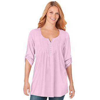 Woman Within Plus Size 7-Day Three-Quarter Sleeve Pintucked Henley Tunic