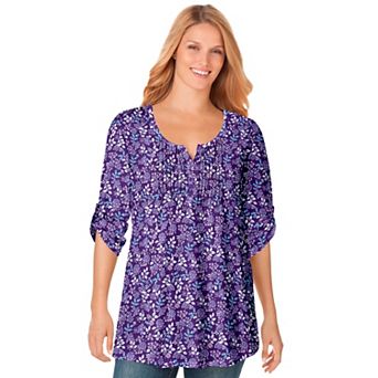 Woman Within Plus Size 7-Day Three-Quarter Sleeve Pintucked Henley Tunic