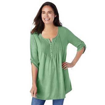 Woman Within Plus Size 7-Day Three-Quarter Sleeve Pintucked Henley Tunic