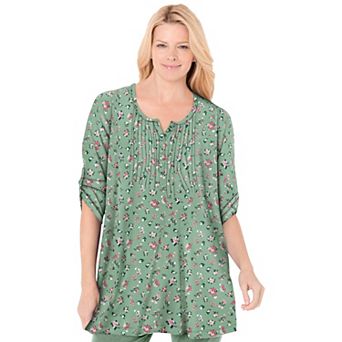 Woman Within Plus Size 7-Day Three-Quarter Sleeve Pintucked Henley Tunic