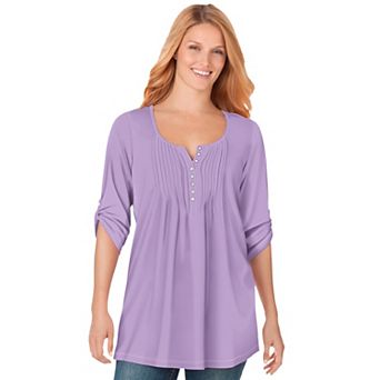 Woman Within Plus Size 7-Day Three-Quarter Sleeve Pintucked Henley Tunic