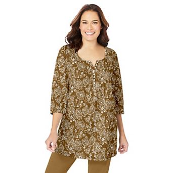 Woman Within Plus Size 7-Day Three-Quarter Sleeve Pintucked Henley Tunic