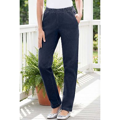 Woman Within Plus Size Petite Straight Leg Fineline Pull-On Stretch Denim Jeans