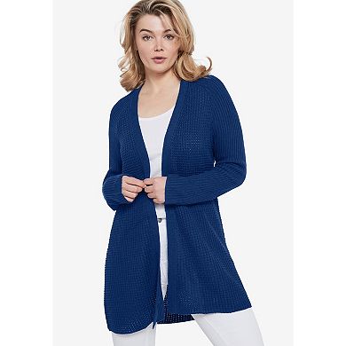 ellos Plus Size Open Front Long Ribbed Sleeve Waffle Cardigan