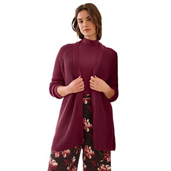 Ellos Plus Size Open Front Long Ribbed Sleeve Waffle Cardigan