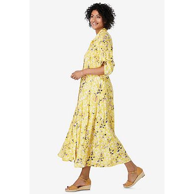 Woman Within Plus Size Roll-Tab Sleeve Crinkle Shirtdress