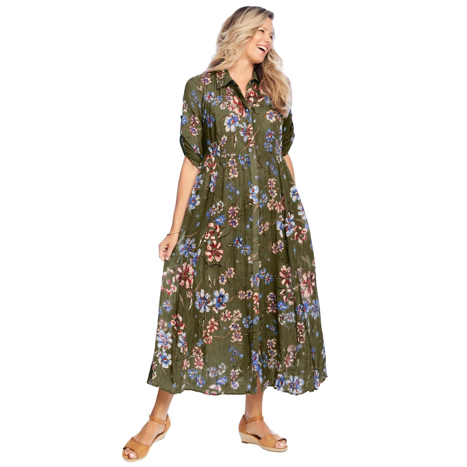 Женское платье Woman Within Plus Size Roll-Tab Sleeve Crinkle Shirtdress, цвет: Тёмно-синий — фото 1
